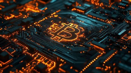 An intricate circuit board with glowing data streams and digital symbols depicts the Bitcoin logo in detail