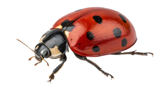 closeup of a red ladybug with black spots isolated on transparent background.