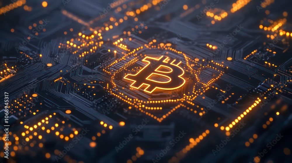 Aufkleber a digital representation of bitcoin on a circuit board, symbolizing cryptocurrency technology.
