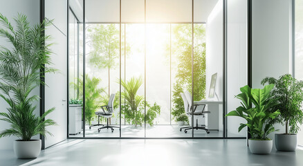 Fototapeta premium modern office interior with glass walls, ergonomic furniture, and minimal decor