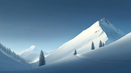 Snow covered mountains with pine trees create calm winter landscape under clear blue sky, evoking sense of tranquility and solitude