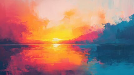 Fototapeta premium A vibrant abstract painting depicting a fiery sunset over a calm body of water, with the sky reflected in the water.
