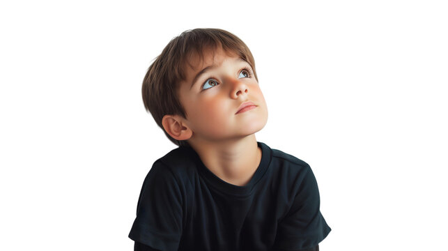 Portrait of a curious young boy, thinking and looking up, isolated on transparent background