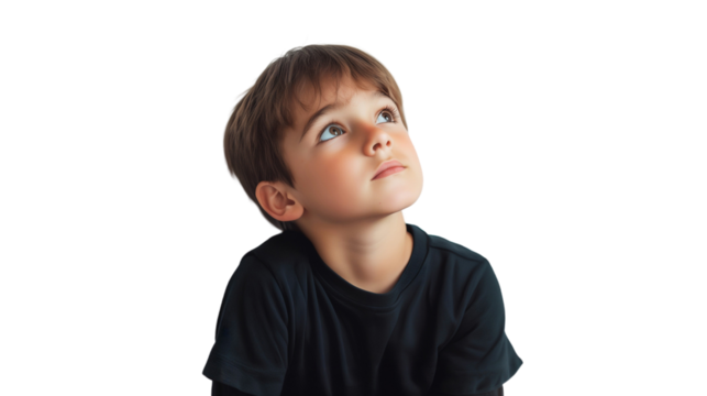 Portrait of a curious young boy, thinking and looking up, isolated on transparent background