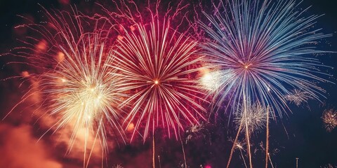 Vibrant fireworks illuminate the summer nighttime sky with a dazzling display of color and brilliance, creating a stunning visual experience for all to enjoy.