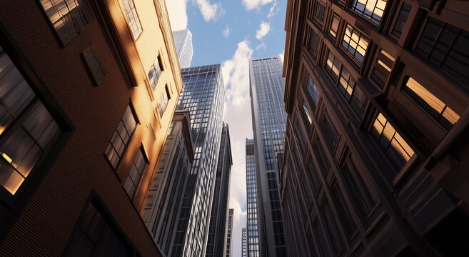 Fototapeta business district with tall buildings, seen from a low angle