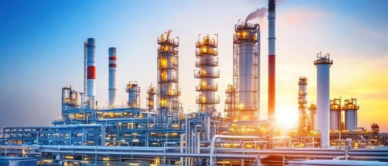 Obraz premium Industrial facility at sunset with smokestacks and pipelines.