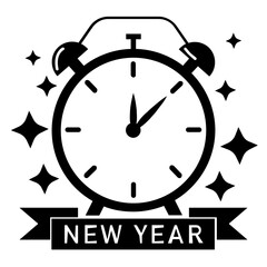 A festive illustration of a clock striking midnight, surrounded by stars, symbolizing the New Year 2025 celebration. Perfect for New Year-themed designs and projects.
