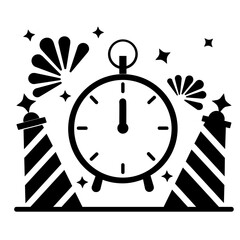 A festive icon featuring a clock striking midnight, surrounded by fireworks and party hats. Perfect for celebrating the New Year 2025 with excitement and joy.