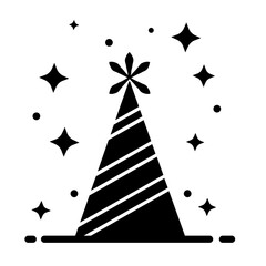 A cheerful party hat decorated with stripes and stars, symbolizing the New Year 2025 celebration. Perfect for adding a festive touch to your holiday designs and projects.