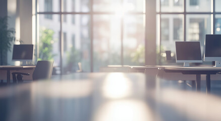 A softly blurred office background with desks, computers, and large windows