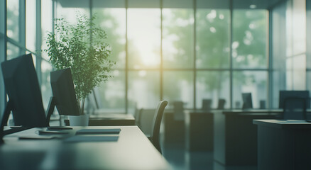 modern office interior with glass walls, ergonomic furniture, and minimal decor