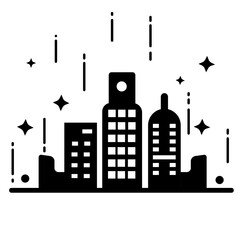 A stylish black and white icon depicting a city skyline at night, featuring various buildings and twinkling stars. Perfect for urban-themed projects and designs celebrating the New Year 2025.