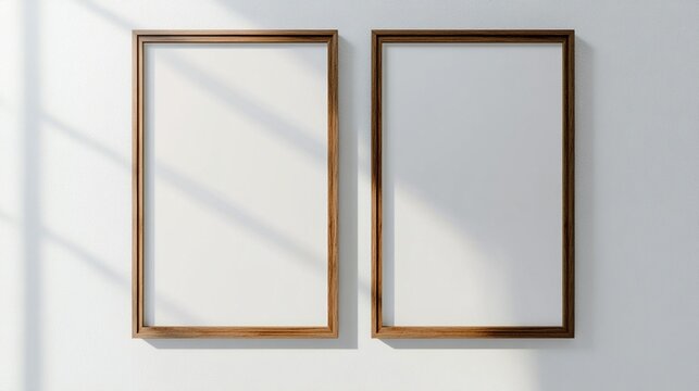 Minimalist elegance: Two empty wooden picture frames hang on a white wall, casting subtle shadows. The simplicity invites imagination and possibility for art or memories.