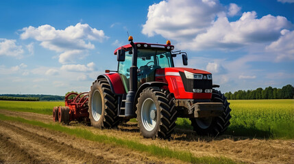 Obraz premium Modern Agriculture: Tractor at Work in Sunny Field