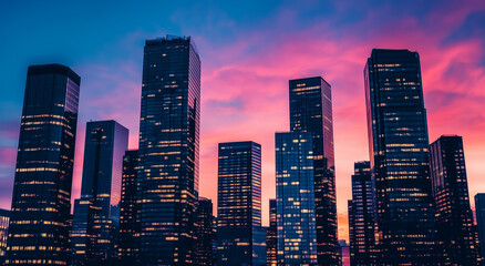Obraz premium A city skyline with tall modern skyscrapers at dusk