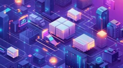 An isometric representation of the global logistics network highlights fast delivery, e-commerce, internet payments, and money transfer protection