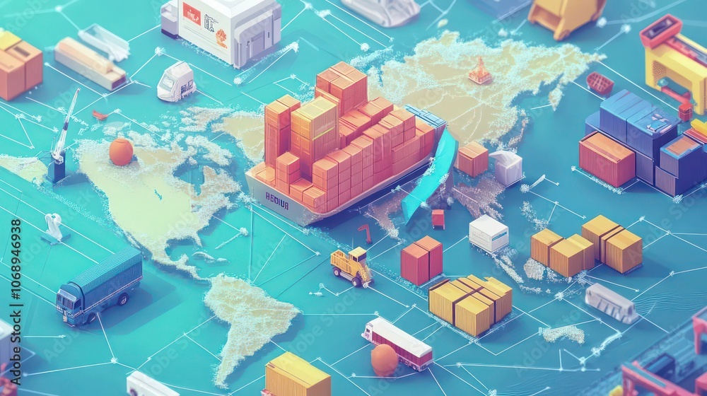Poster a stylized representation of global shipping and logistics on a world map.