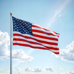 Obraz premium Patriotism, freedom and national pride. American U.S. flag waving freely in bright blue sky with clouds.