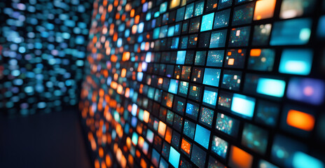 Obraz premium video screens images and channels as a huge mosaic wall, communication, content and consumer broadcast media, advertising. Colorful, vivid. Video screens extend far into space.