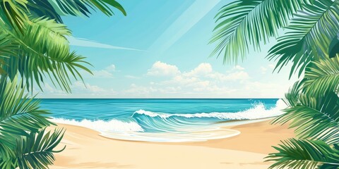 Obraz premium Tropical seaside with gentle waves creates an open, unobstructed view, perfect for promotional content and text. Horizontal layout offers ample space for messaging.