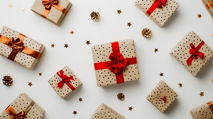 Gift Boxes with Red and Orange Ribbons on White Background