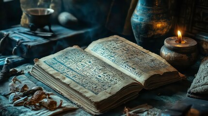 An ancient, open book filled with hieroglyphs, surrounded by artifacts and a flickering candle.