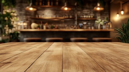 Cozy cafe bar, warm lighting, wooden table, inviting ambiance, blurred background, rustic and modern elements.