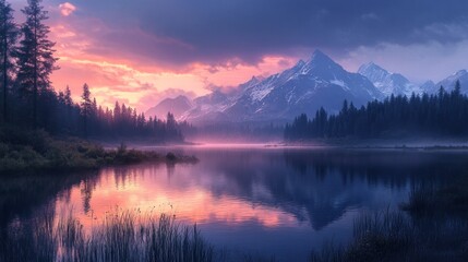 A breathtaking view of a calm lake reflecting the colorful hues of a stunning sunrise over a majestic mountain range.