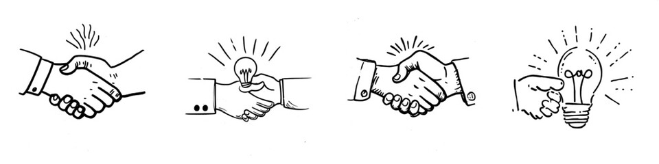 Obraz premium Design for a simple line drawing of the business handshake using a doodle hand-drawn icon.