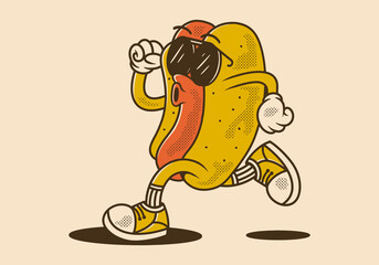 Vintage retro character of hot dog in running pose