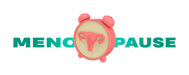 word MENOPAUSE, pink uterus and alarm clock on white background