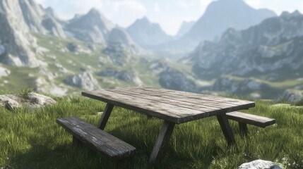 Fototapeta premium Weathered wooden table on grassy mountain cliff, with views of towering peaks and clear skies