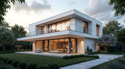 The image of a modern two-story house with a large glass facade, situated on a manicured lawn during sunset. Generative AI