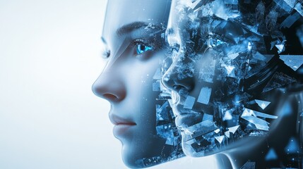 Abstract portrait of a woman with a digital, pixelated face. The image suggests the fusion of technology and humanity.