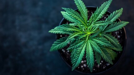 Vibrant green cannabis plant growing in small pot, viewed from above. Dark background highlights the distinctive leaf structure, symbolizing medicinal or recreational use.