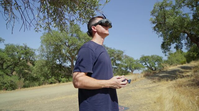 A Drone Pilot Fully Enjoying the Beautiful Outdoors with Advanced FPV Gear and Equipment