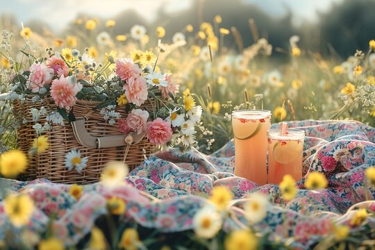 Two refreshing summer drinks sit on a floral blanket, surrounded by a blooming meadow filled with colorful flowers. A basket of flowers adds charm to the relaxing setting