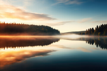 Obraz premium Tranquil Sunrise Over Misty Forest Lake Reflection