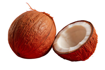 Brown coconut shell opened fresh tropical fruit isolated on transparent background.