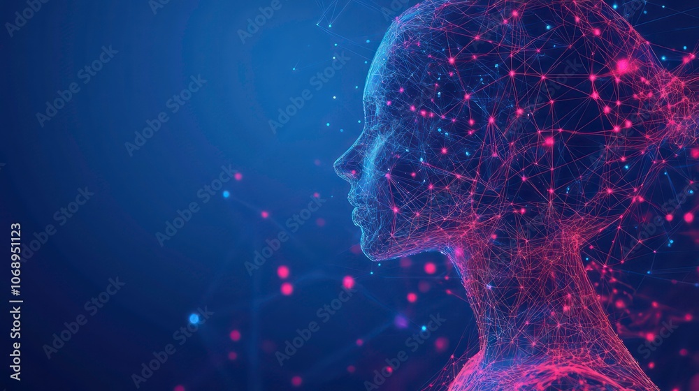 Aufkleber Artificial intelligence on a futuristic humanoid with glowing network connections, ideas of digital artificial intelligence, technological and innovative business, data science and cybernetics.