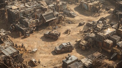 Post-Apocalyptic Dieselpunk Aerial View of Ingenious Salvaged Settlement with Diesel-Powered Vehicles in Ultra Detail