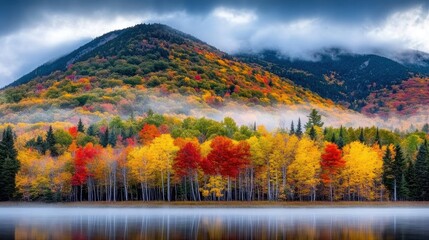 Fototapeta premium Evergreen trees on a foggy autumn day, surreal and peaceful