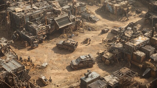 Post-Apocalyptic Dieselpunk Aerial View of Ingenious Salvaged Settlement with Diesel-Powered Vehicles in Ultra Detail