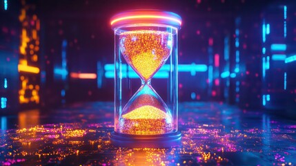 A glowing hourglass filled with golden particles, set in a futuristic digital environment.