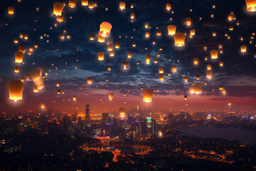 Fototapeta premium Enchanting Twilight Sky Lantern Festival over Urban Skyline