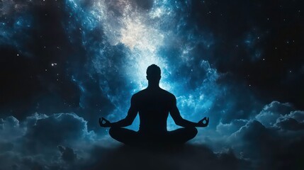 A silhouette meditating in a cosmic backdrop, symbolizing peace and introspection.