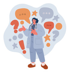 Cartoon vector illustration of a female doctor explaining something, symbolizing patient care, communication, and medical guidance