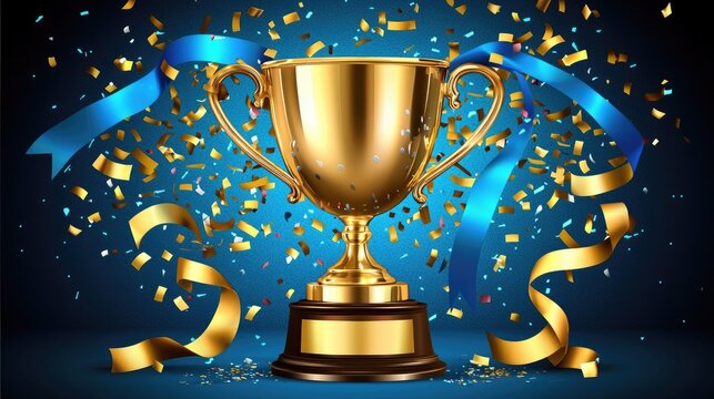 Golden trophy with blue ribbons and confetti on a vibrant background.