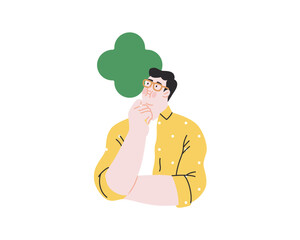 Thinking people, modern flat vector concept illustration- man standing thoughtfully, looking upwards, bubble near his head Metaphor for reflection, analysis, introspection, contemplation, deep thought